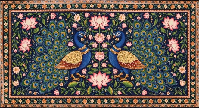 Exquisite Indian Miniature Painting of Two Peacocks Amidst Lotus Flowers and Lush Foliage.
