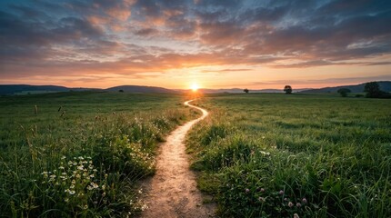 Fototapeta premium World Mental Health Day A beautiful sunset over a long dirt path in a green meadow with a glowing orange sky and purple clouds