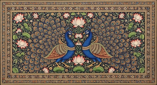 Exquisite Indian Miniature Painting of Two Peacocks Amidst Lotus Flowers.