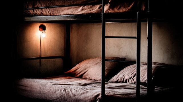 barracks. An abandoned military bunk bed with a single cap on the pillow. event key visuals, club posters, designed for sports event promotions and stadium branding, used by event planners.