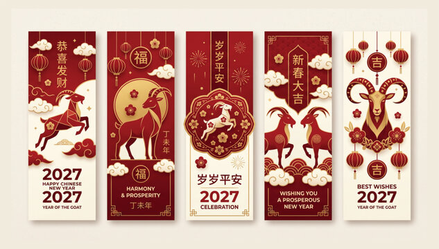 Set of five vertical banners for chinese new year 2027 year of the goat featuring traditional red and gold ornaments and festive floral designs traditional celebration horoscope decoration
