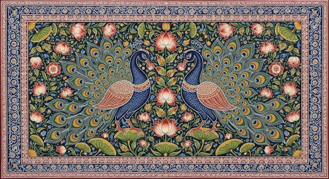 Exquisite Indian Miniature Painting of Two Peacocks Amidst Lush Flora.