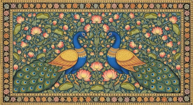 Exquisite Indian Miniature Painting of Two Peacocks Amidst Lush Floral Garden.