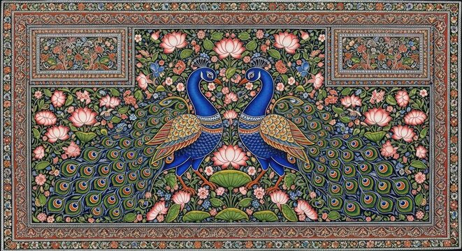 Exquisite Indian Miniature Painting of Two Peacocks Amidst Lush Flora.