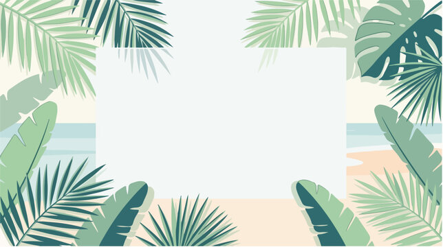 Tropical beach scene with palm leaves bordering a sandy shore and ocean view