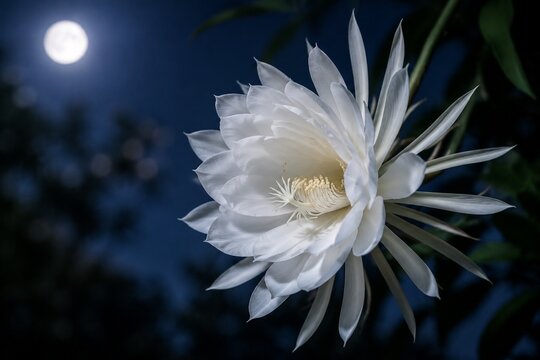 Night-blooming jasmine flower in full bloom under moonlight, petals gently unfurling.