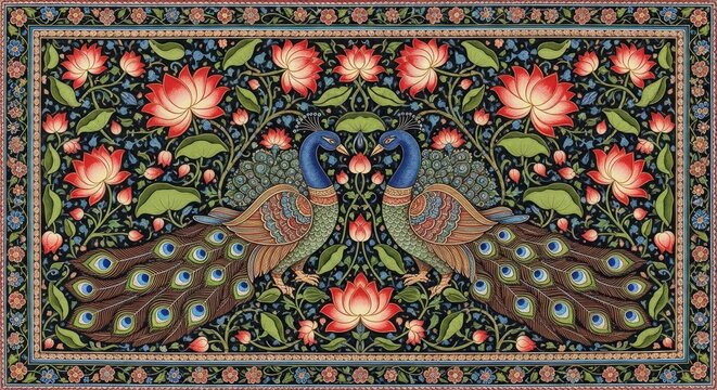 Exquisite Indian Miniature Painting of Two Peacocks Amidst Vibrant Floral Motifs.