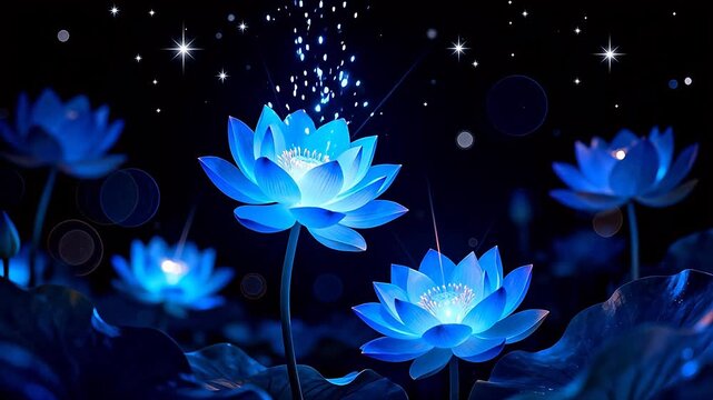 Blue lotus flowers in night sky