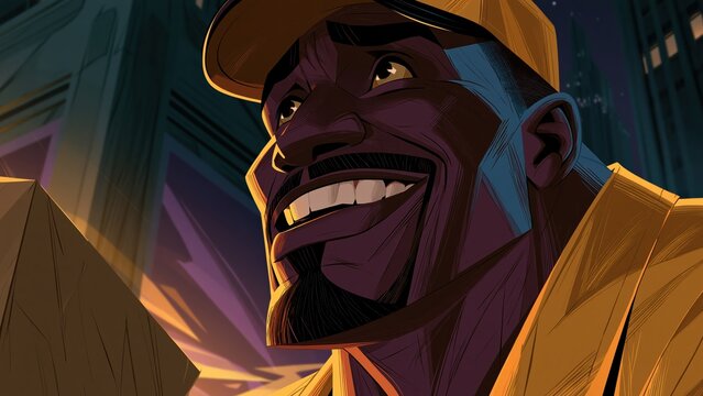 Black delivery man smiling holding box under warm night light.
