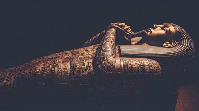 sarcophagus. An ornate Egyptian sarcophagus containing a linen-wrapped mummy. event programs, museum guides, designed for cultural heritage projects and event programs, elevates cultural identity.