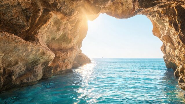 Cave opening to ocean with sunlight
