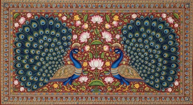 Exquisite Indian Miniature Painting of Two Peacocks Displaying Their Feathers.