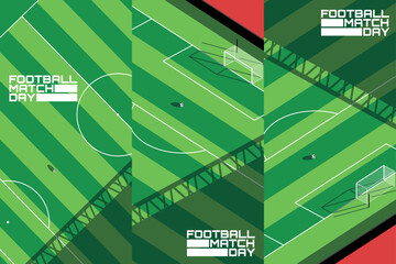 Top view of three Different Football Soccer Fields Grass Pattern Vector Illustrations with White Lines, Goals and Shadows. Sport Ground Pitch for World Cup © Geocross