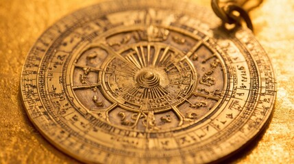 Fototapeta premium astrolabe. Ancient brass astrolabe with engraved circular scales, historical scientific instrument in warm studio lighting. STEM education sheets.
