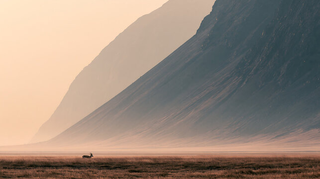 A lone figure walks along a vast open plain with a towering mountain in the distance