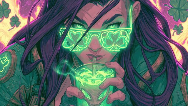 Woman wearing green shamrock glasses drinking glowing drink St Patricks Day.