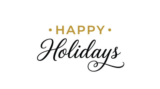 Elegant happy holidays text design featuring gold uppercase letters and black cursive script font style