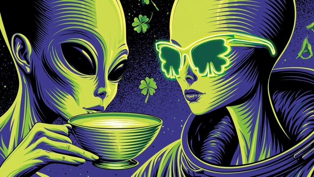 Two green aliens drinking tea St Patricks Day with shamrocks.