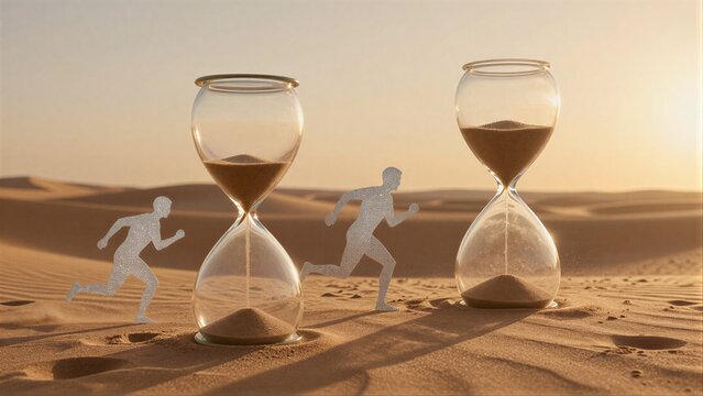 Three runners chase time in a desert as sand flows through an hourglass.