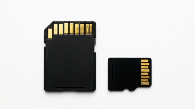Black flash memory card and micro memory card showing gold contacts isolated on white background
