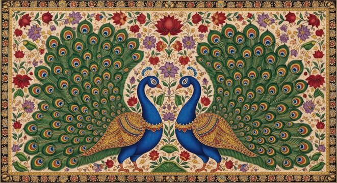 Exquisite Indian Miniature Painting of Two Peacocks with Intricate Floral Designs.