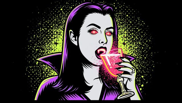 Retro comic vampire woman drinking blood from fancy wine glass.