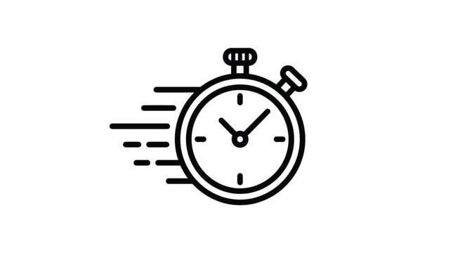 Minimalist black outline icon of a fast moving stopwatch isolated on a clean white background