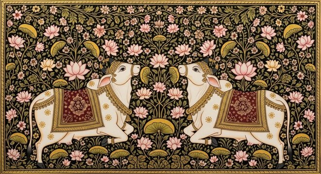 Exquisite Indian Miniature Painting of Two Sacred Cows Adorned with Floral Motifs.
