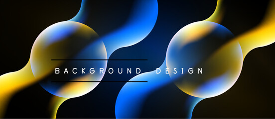 Abstract fluid shapes, vibrant blue, yellow hues. Modern design, dark background creates striking visual impact. Minimalist text overlay present. © antishock