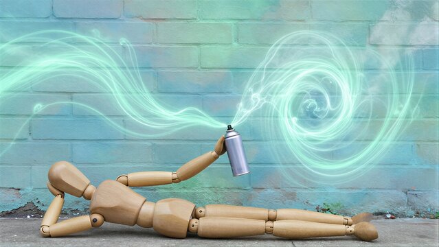 Wooden mannequin sprays graffiti, leaving glowing green swirls on a brick wall.