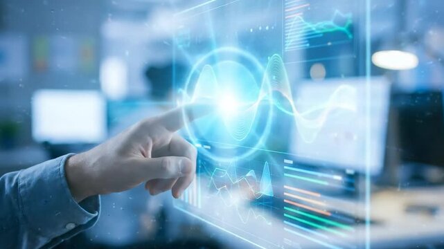 Business hand interacts with digital screen displaying growth efficiency cost roi charts for business analysis and improved decision making potential