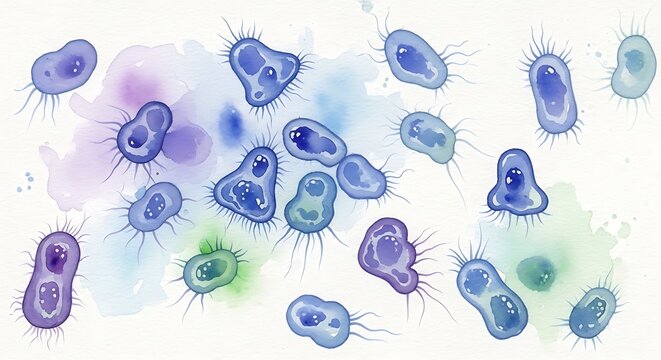 Microscopic view of stained bacterial cells under light.
