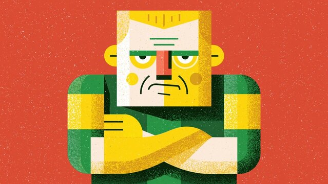 Angry blonde square character crossing arms over red background.