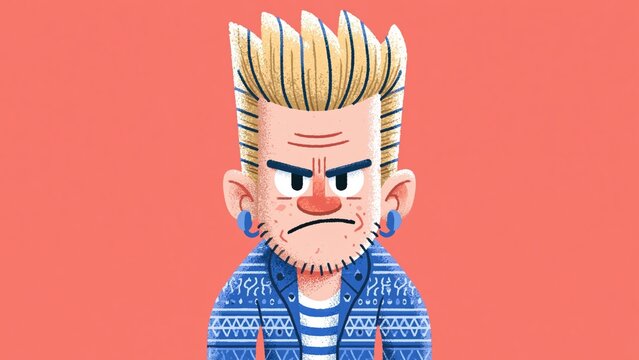 Angry punk guy crossing arms against solid pink background.