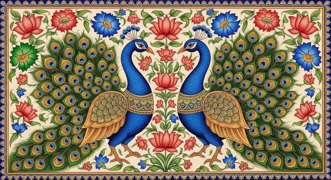 Exquisite Indian Peacock Art Painting with Floral Motifs.