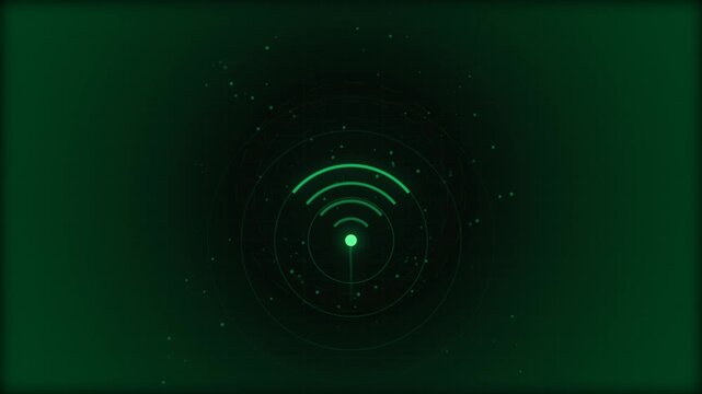 Glowing Green WiFi Wireless Signal Icon on Digital Radar HUD Screen