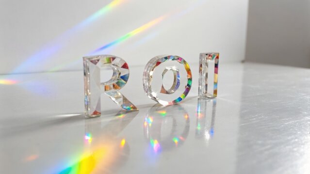 Colorful geometric crystals forming the letters ROI reflecting light on a glossy surface, symbolizing investment and return