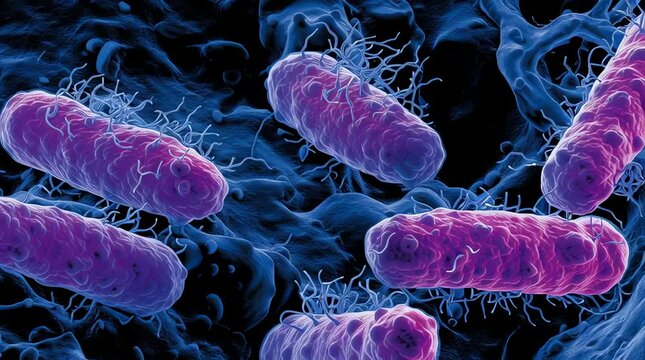 Microscopic view of rod shaped bacteria with hair like structures on surface
