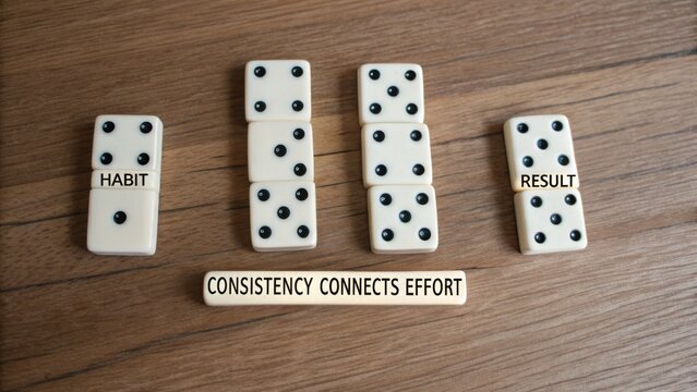 Connecting Habit and Result through Consistency in Personal Growth and Development Using Domino Pieces on Wooden Table