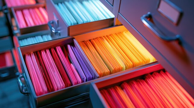 Illuminated file cabinet drawers overflowing with colorful folders