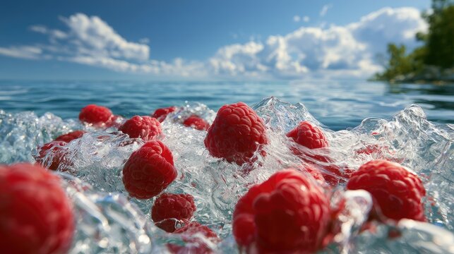 Vibrant red berries tumble and splash in crystal clear water under a bright sky