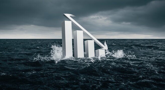 Downward trend bar graph submerged in stormy dark ocean waves