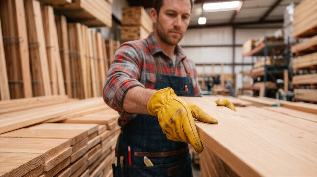 Professional carpenter in a workshop selecting highquality wooden planks for a furniture project, focusing on craftsmanship and detail