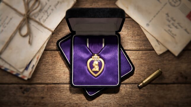 Official Purple Heart medal in a velvet case with old military letters.
