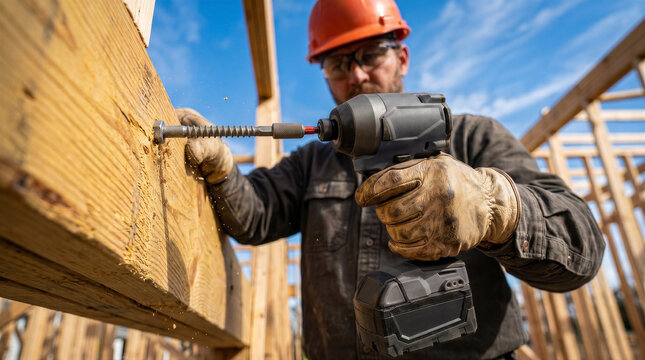 Construction worker using an impact driver to drive a large lag screw into a wooden beam on a building site under a blue sky