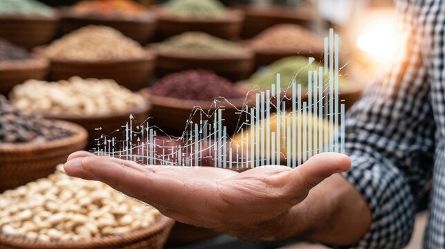 Holographic market graph projected over hand with spices