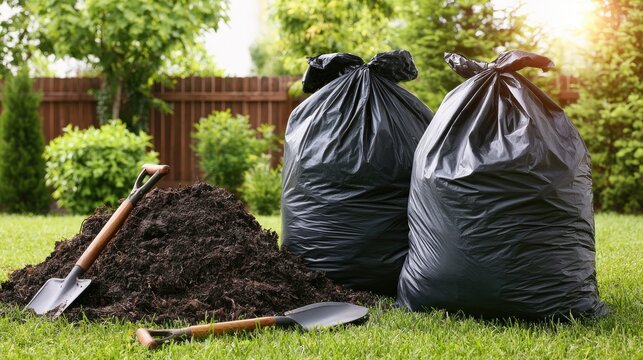 Dark refuse sacks stand near compost pile and tools on green lawn