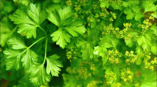 lovage. Fresh lovage plant with celery-like leaves and yellow flowers in a garden bed. gardening catalogs, home-decor guides, designed for home decor and floral branding, used by media buyers.