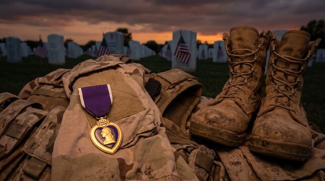 Purple Heart medal resting on military combat boots and gear at sunset.