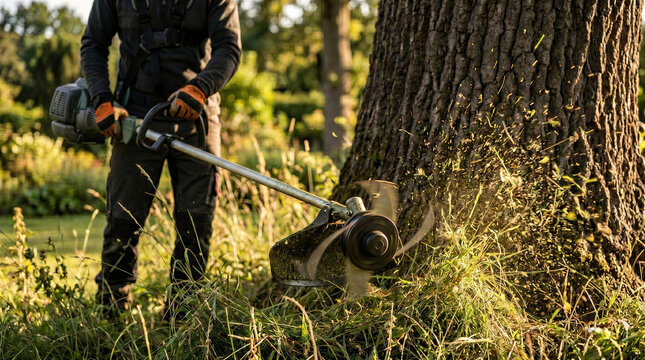 Professional gardener using a brush cutter to trim tall grass around a large tree trunk in a sunny park setting
